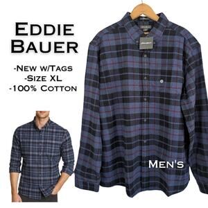 New Eddie Bauer Mens Eddie's Favorite Flannel Shirt XL Classic Fit Washed Navy